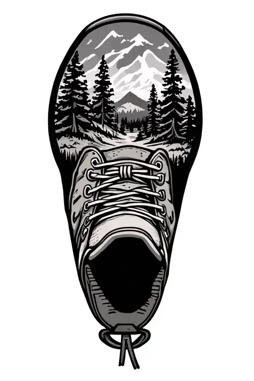 hiking boot track with wilderness scene inside tattoo design idea