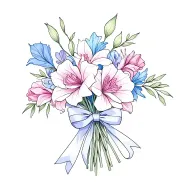 gladiolus, jonquil, rose, sweet pea flower bouquet tied with bow line tattoo colored. I like blues, pinks, and purples tattoo design idea