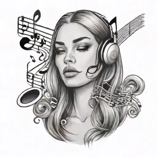 Music notes floats around a girl with soft straight hair, almond-eyes, full and large lips, and a sharp jawline tattoo design idea