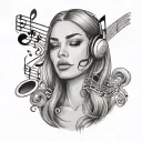 Music notes floats around a girl with soft straight hair, almond-eyes, full and large lips, and a sharp jawline tattoo design idea