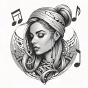 Music notes floats around a girl with soft straight hair, almond-eyes, full and large lips, and a sharp jawline tattoo design idea