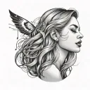 Music notes floats around a girl with soft straight hair, almond-eyes, full and large lips, and a sharp jawline tattoo design idea