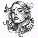 Music notes floats around a girl with soft straight hair, almond-eyes, full and large lips, and a sharp jawline tattoo design idea