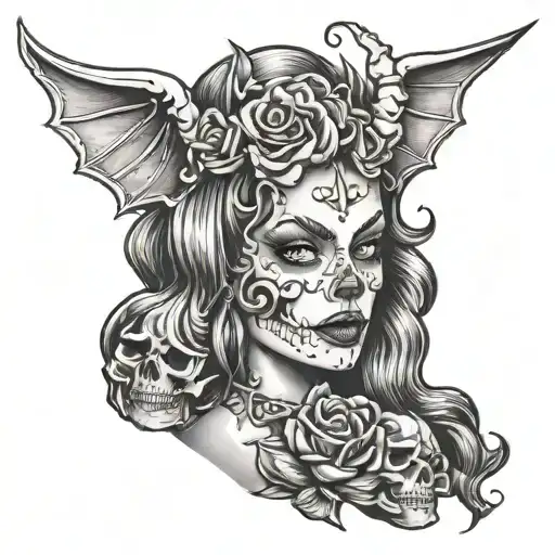 skull candy pinup girl as a devil tattoo design idea