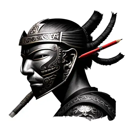 Create a sketch of tattoos you need a samurai mask that is torn into 2 parts and in this breakdown you need to add a small part of the faces tattoo design idea