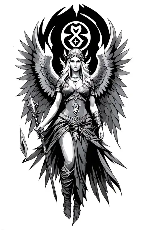 Valkyrie with wings and spear in one hand freya rune on face Aegishjalmur symbol above Valkyrie  tattoo design idea