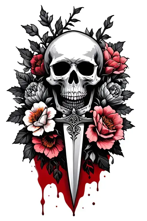 dagger, flowers over laping, skull and vines and blood tattoo design idea