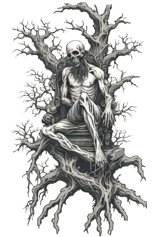 decying corpse sitting on a throne under a huge dead tree tattoo design idea