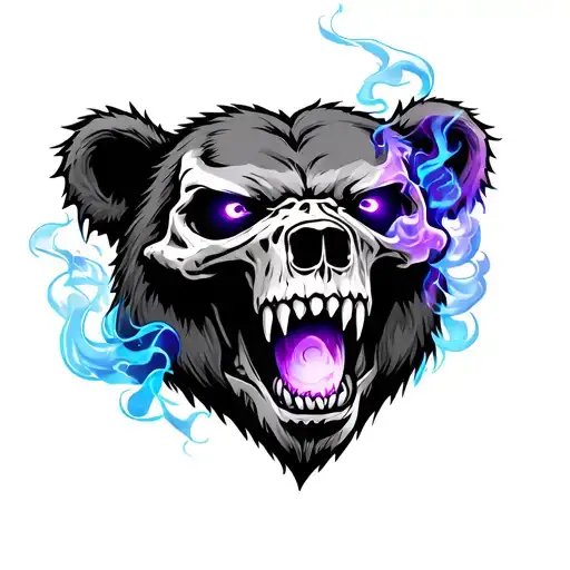 skull of a roaring bear with blueish purple glowing eyes and blueish purple smoke coming from eyes. large fangs  tattoo design idea