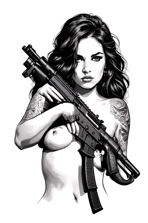nude woman with ar15 assault rifle tattoo design idea
