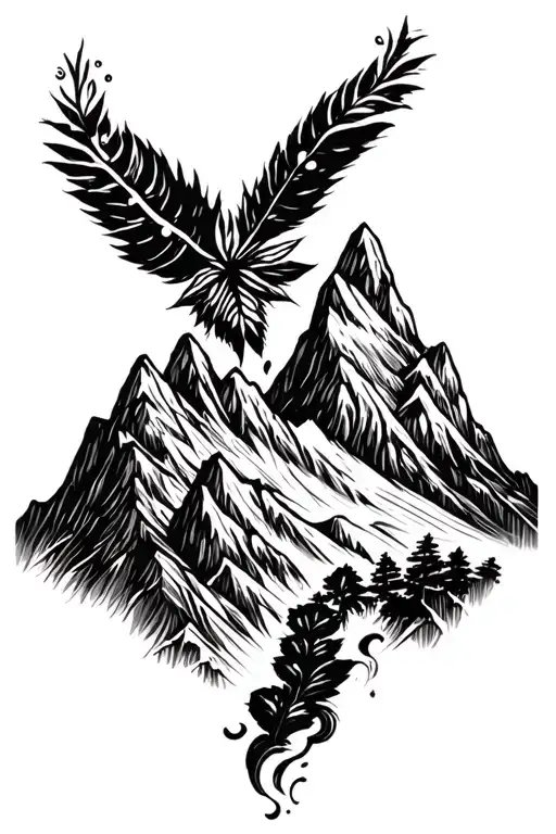 mountain range with coca leaves blowing and pachamama spiral tattoo design idea