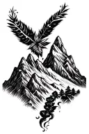 mountain range with coca leaves blowing and pachamama spiral tattoo design idea
