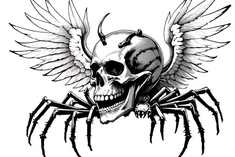 evil skull with wings and spiders tattoo design idea