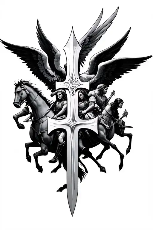 7 archangels riding to war sword shield cross tattoo design idea