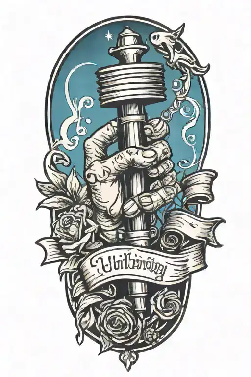 A tattoo design of a hand holding a paintbrush and a tattoo machine, with a Bible open in the background, representing the client's passion for both painting and tattooing in their Christian ministry tattoo design idea