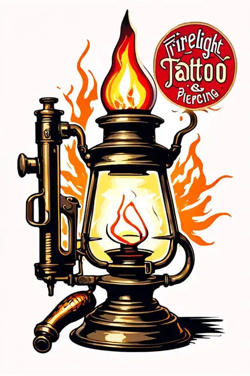 "Firelight Tattoo & Piercing" oil lamp with tattoo gun tattoo design idea
