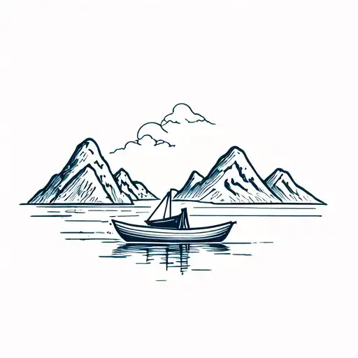 boat floating upwards on a curved river with mountains on its side tattoo design idea