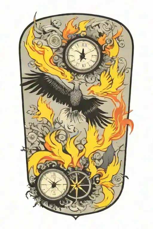 a representation of child being protected through his journey in life using trees, compass, phoenix and time tattoo design idea