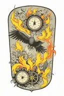 a representation of child being protected through his journey in life using trees, compass, phoenix and time tattoo design idea