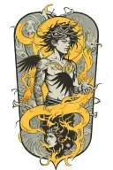 a representation of child being protected through his journey in life using trees, compass, phoenix and time tattoo design idea