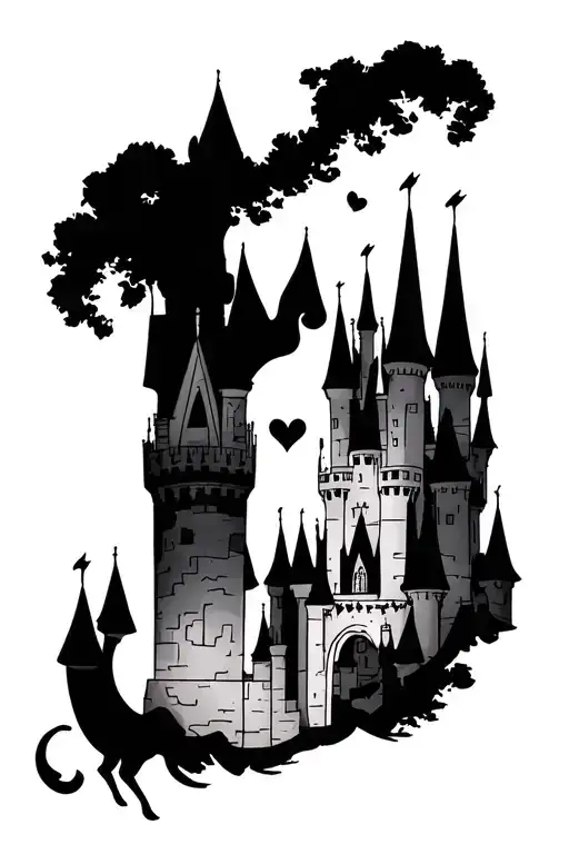 father, daughter, Disney castle surrounded tattoo design idea