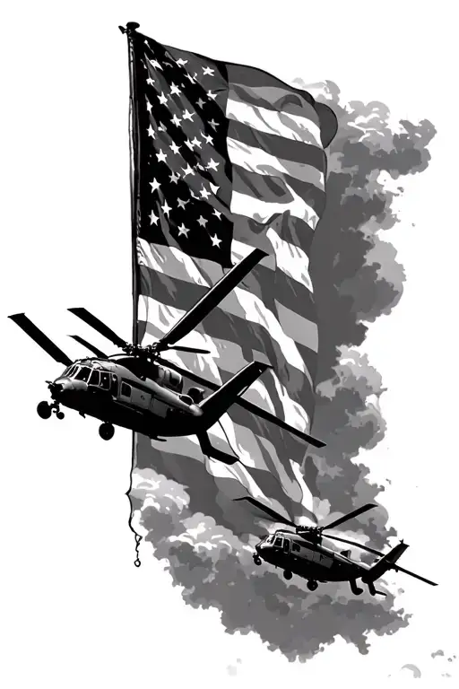 3 UH-60 Blackhawks flying in the air over top the American Flag include clouds  tattoo design idea