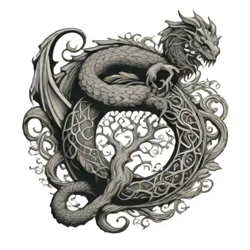 ouroboros dragon wrapped around tree of life  tattoo design idea