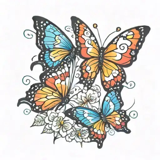 new school tattoo design of 2 butterflies. bright vivid colors. one is flying and one has landed on a beautiful flower tattoo design idea