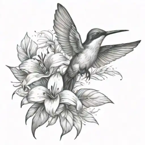 humming-bird tropical flowers and leaves tattoo design idea