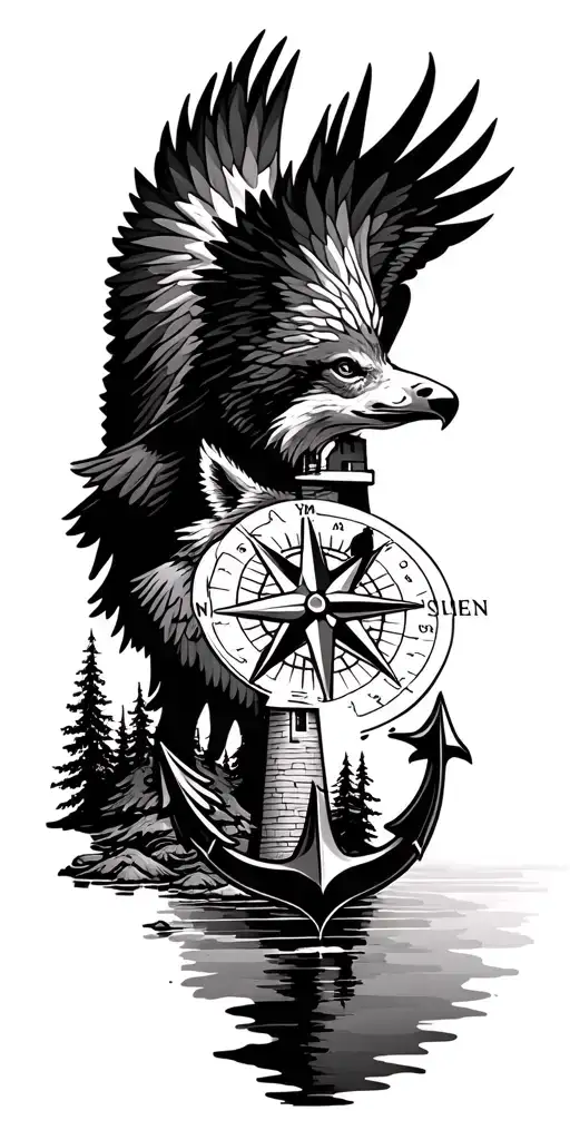 compass pointing north and west anchor lighthouse trees going up forearm lake wolf eagle flying  tattoo design idea