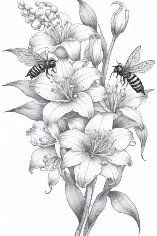 lily of the valley gladiolus lotus flowers blooming with bumblebee flying towards living tattoo design idea