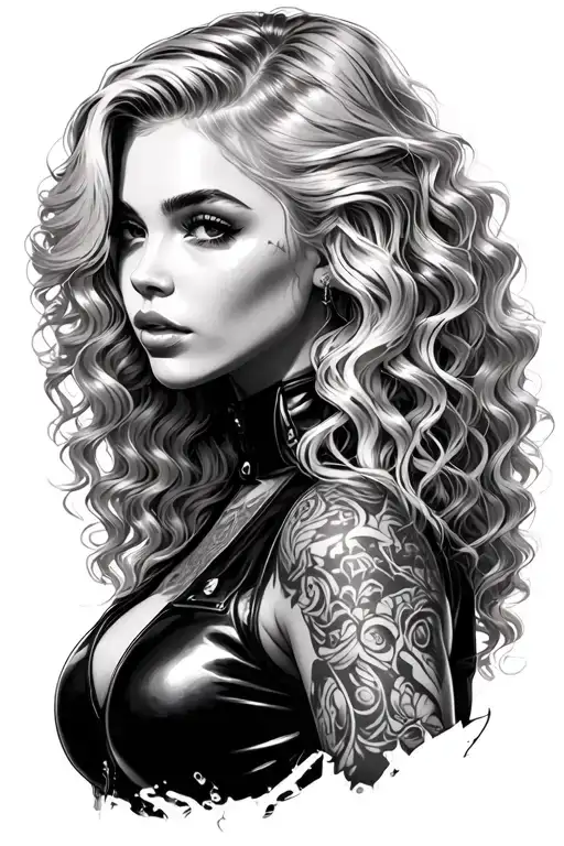 blonde long curly hair girl femdom figure in leather without tattoos tattoo design idea