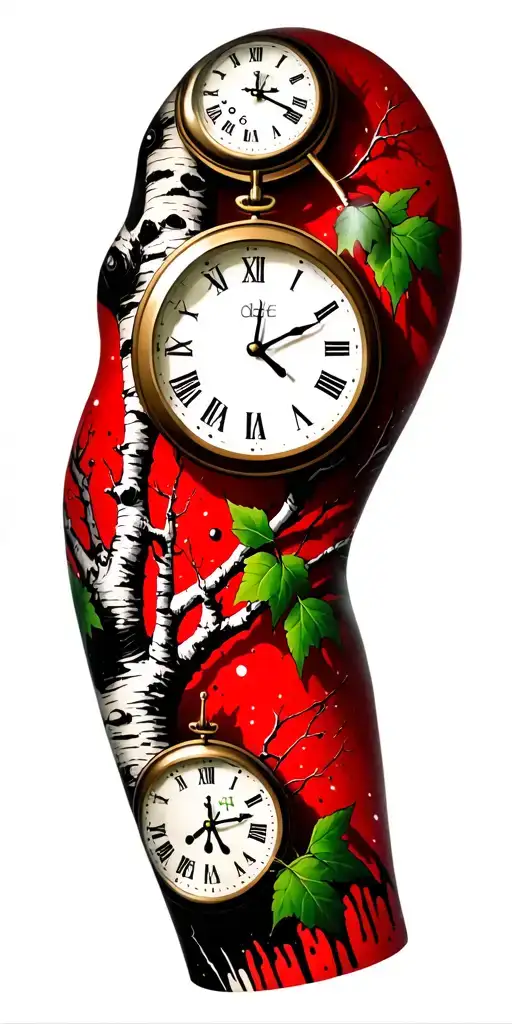 birch branches and trunk with hunter green leaves with only three clocks integrated into it for a sleeve tattoo design idea