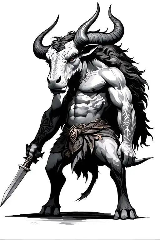 Scholarly Minotaur with Glaive tattoo design idea