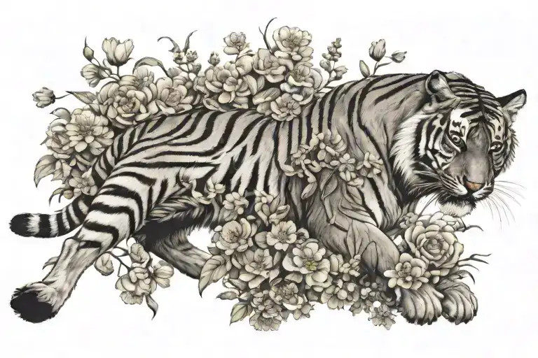 tiger laying down and a light brown horse jumping behind it. Both are in a garden of chrysanthemums and larkspur flowers tattoo design idea