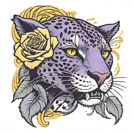 head of a purple panther hissing with a long stem yellow rose behind it tattoo design idea
