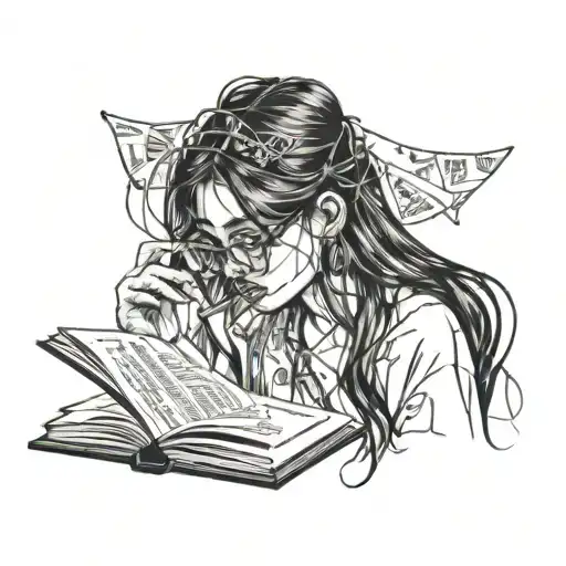 girl with long black hair and 00 gaged earrings and glasses reading book that covers face tattoo design idea