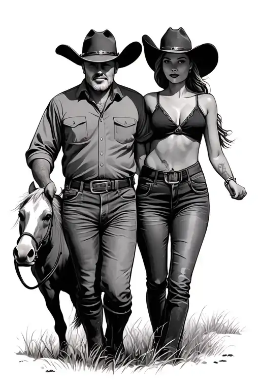 cowgirl and dad walking tattoo design idea