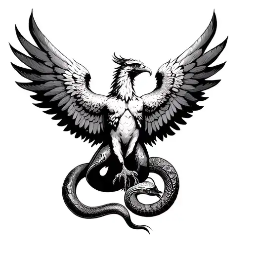 phoenix with its wings spread and snake in its claws tattoo design idea