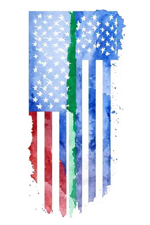 tattered subdued American  flag with thin blue and thin green line in the center tattoo design idea