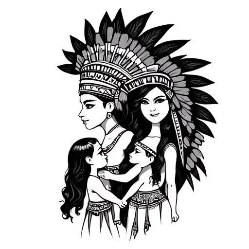 Aztec princess with 2 baby girls holding hands tattoo design idea