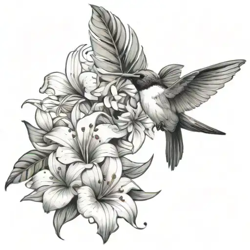 humming-bird tropical flowers and leaves tattoo design idea
