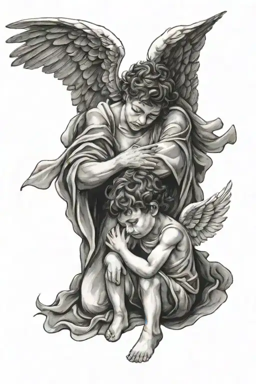 Angel protecting boy sitting crying tattoo design idea