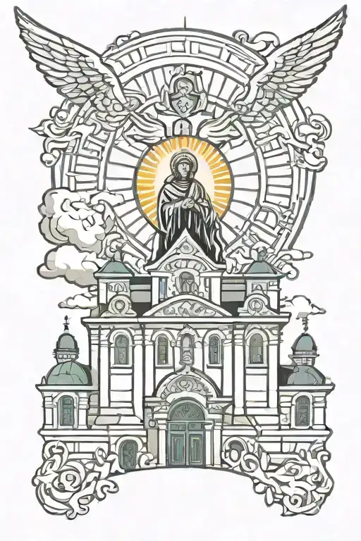 christian orthodox chrurch with an angel statue and the sun shining on the church tattoo design idea