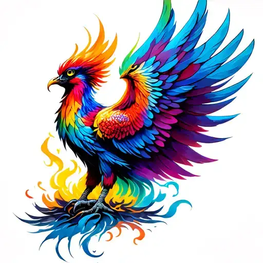 A vibrant and emotional tattoo design of a colorful phoenix rising majestically from ashes, symbolizing the emotional  tattoo design idea