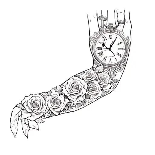 a man's sleeve with roses and a clock tattoo design idea