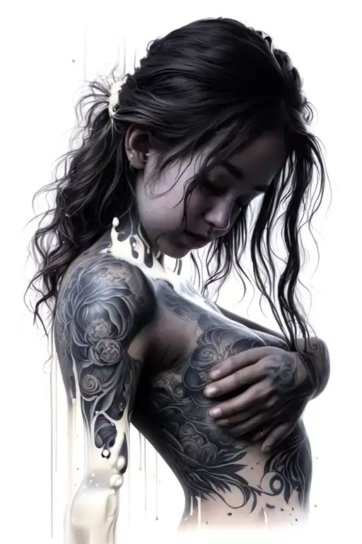 one girl show her medium size breast milk tattoo design idea