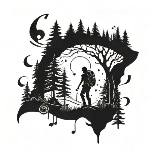 A silhouette of a hiker with a musical note trail winding through a forest, inspired by your love for music and hiking tattoo design idea