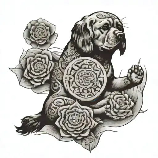 spiritual lotus, chakras symbols, budda in an a fat brown spaniel tattoo design idea