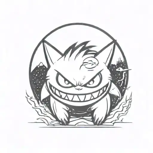 gengar standing in front of a waning moon tattoo design idea